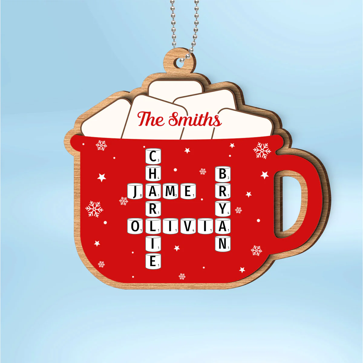 Hot Cocoa Christmas Family Marshmallows Personalized 2-Layer Wooden Ornament - Image 2