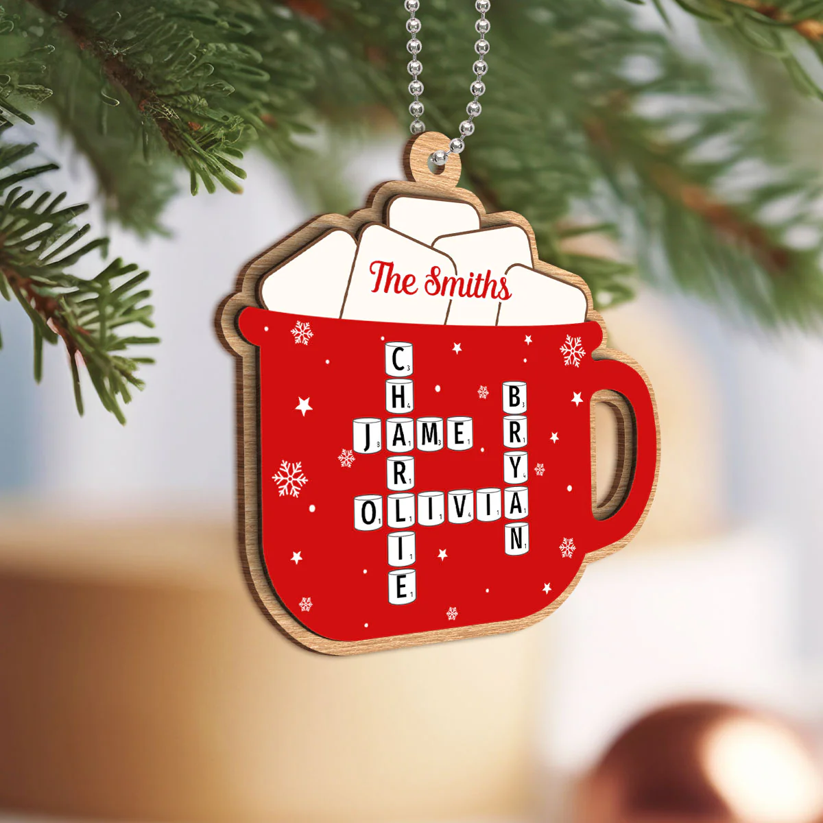 Hot Cocoa Christmas Family Marshmallows Personalized 2-Layer Wooden Ornament - Image 3
