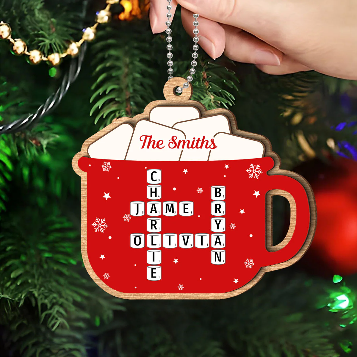 Hot Cocoa Christmas Family Marshmallows Personalized 2-Layer Wooden Ornament - Image 4