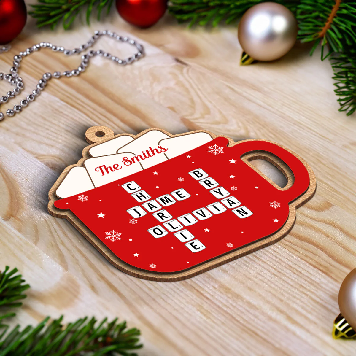 Hot Cocoa Christmas Family Marshmallows Personalized 2-Layer Wooden Ornament - Image 5