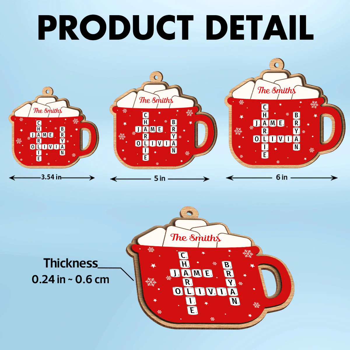 Hot Cocoa Christmas Family Marshmallows Personalized 2-Layer Wooden Ornament - Image 6