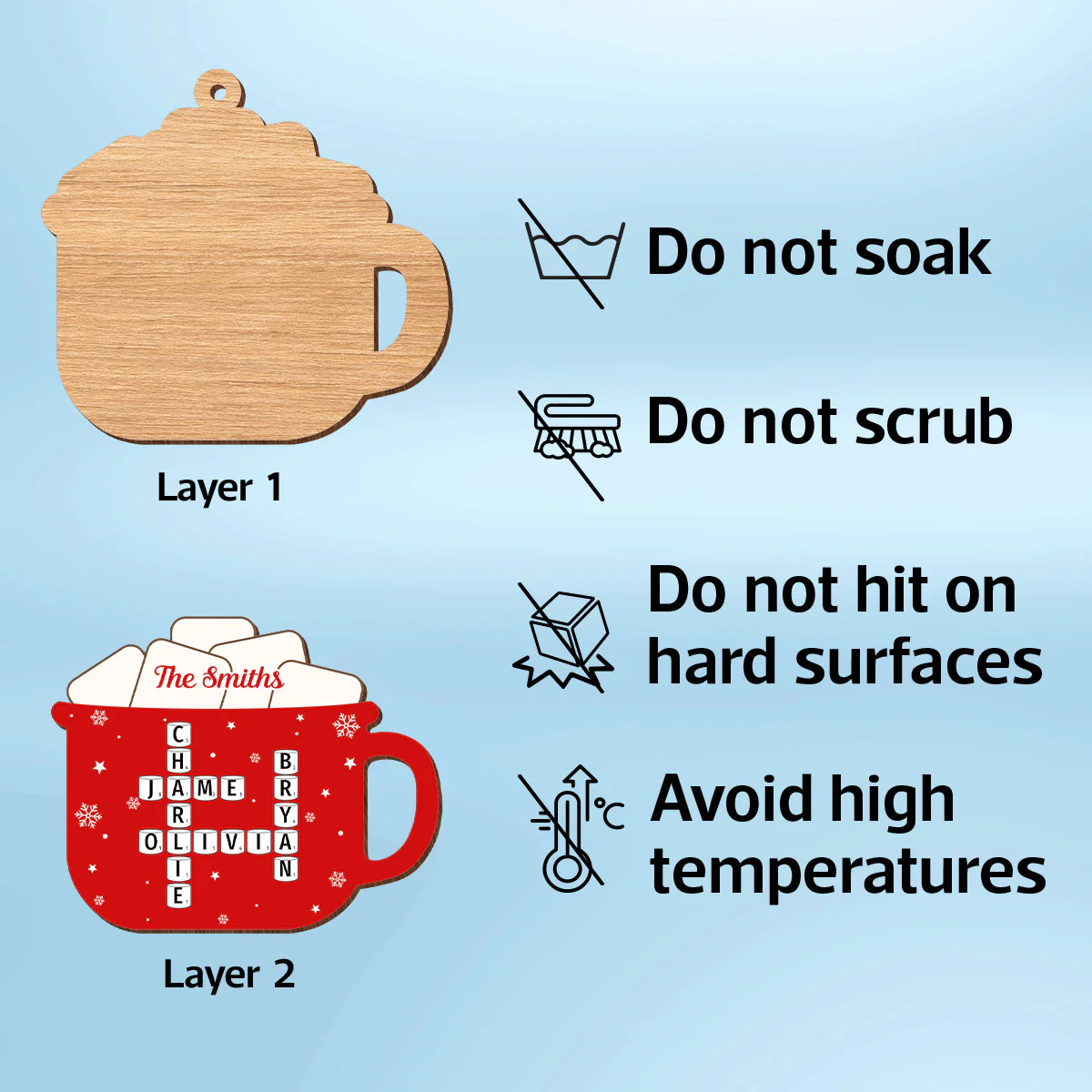 Hot Cocoa Christmas Family Marshmallows Personalized 2-Layer Wooden Ornament - Image 7