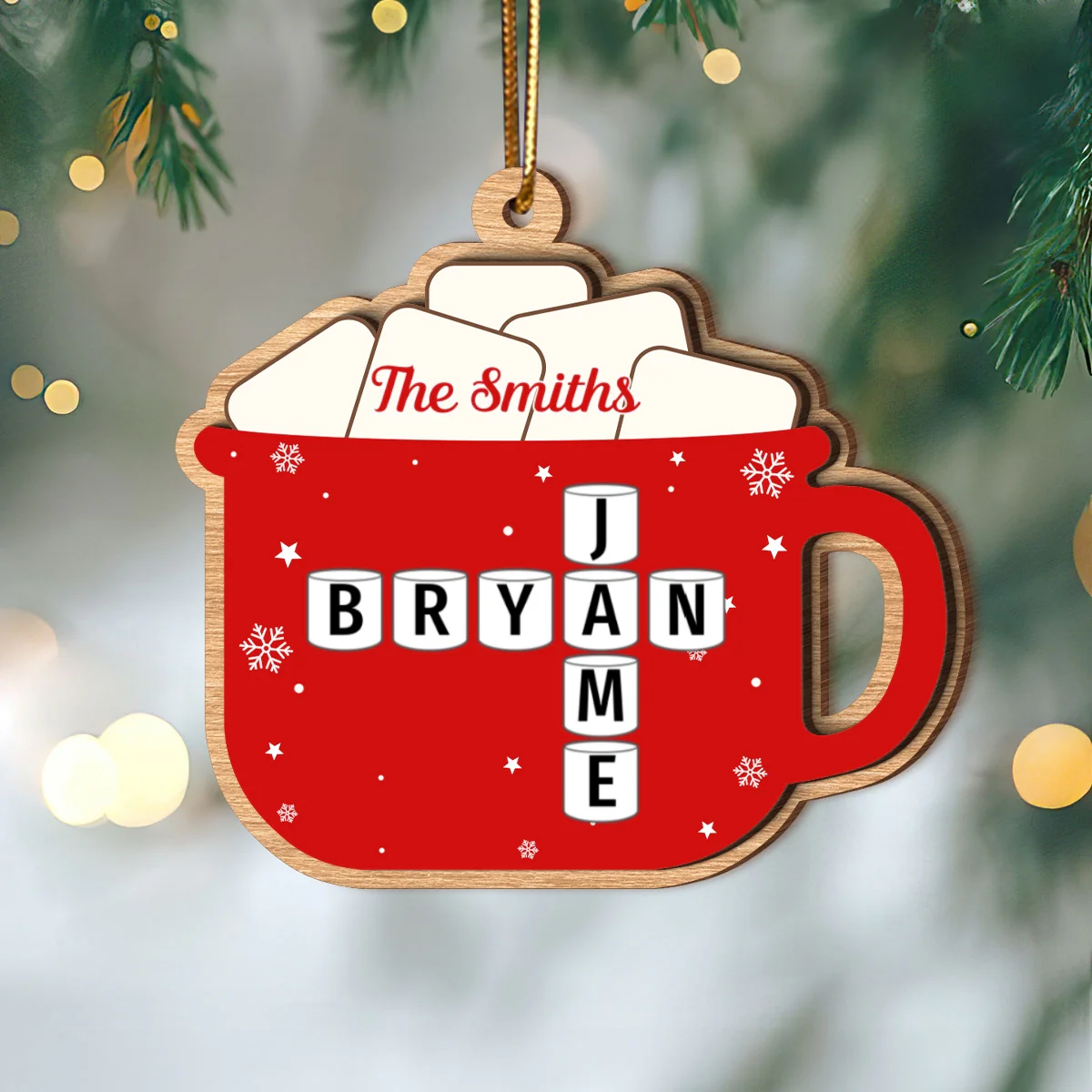 Hot Cocoa Christmas Family Marshmallows Personalized 2-Layer Wooden Ornament - Image 8
