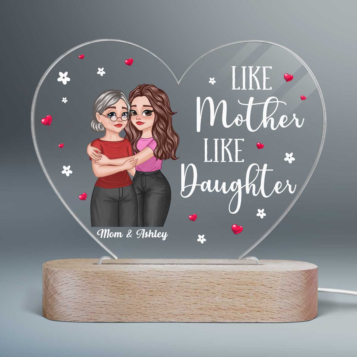 Hugging Cartoon Mother Daughter Bond Can‘t Be Broken Personalized Acrylic Heart Plaque With LED Night Light - Image 2