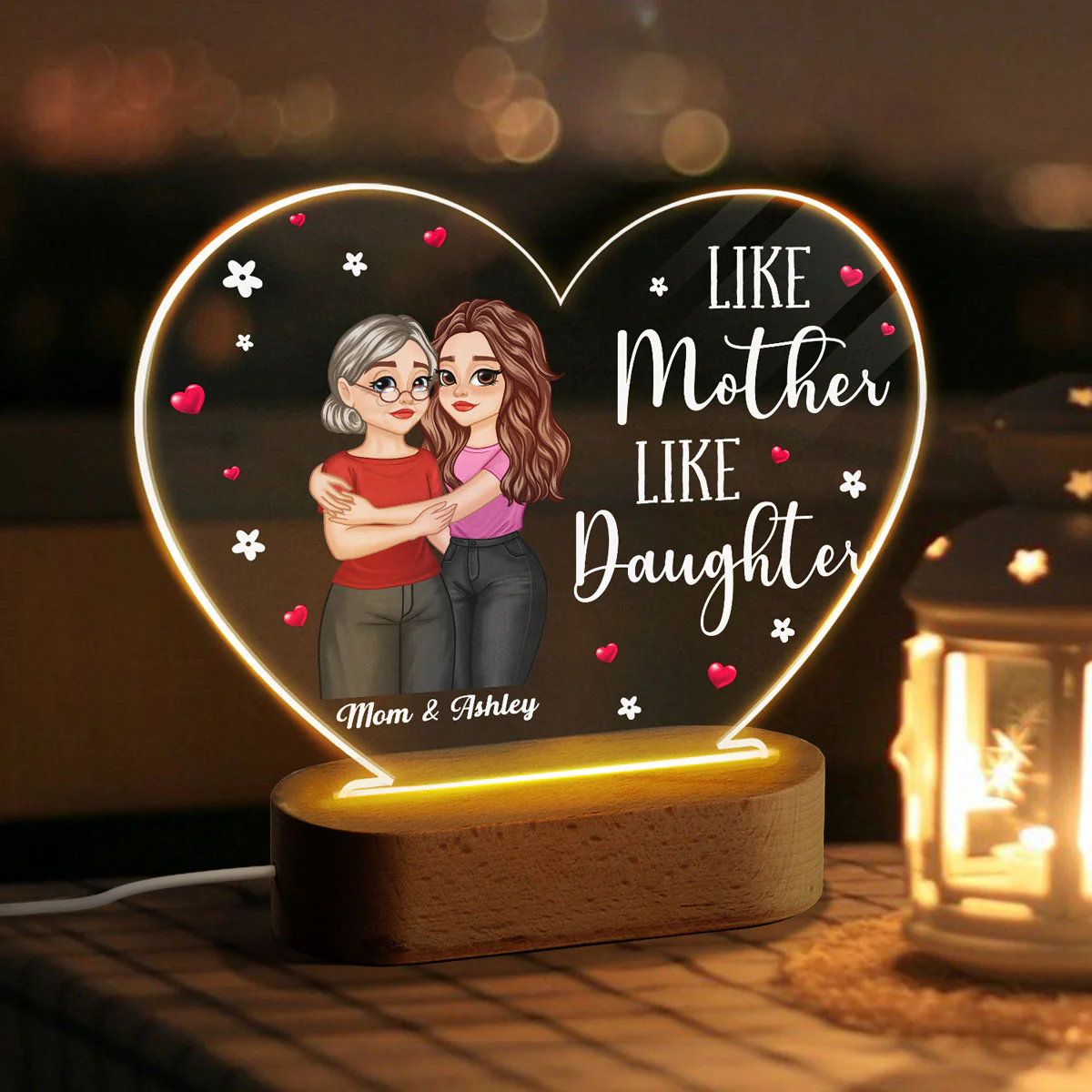 Hugging Cartoon Mother Daughter Bond Can‘t Be Broken Personalized Acrylic Heart Plaque With LED Night Light - Image 3