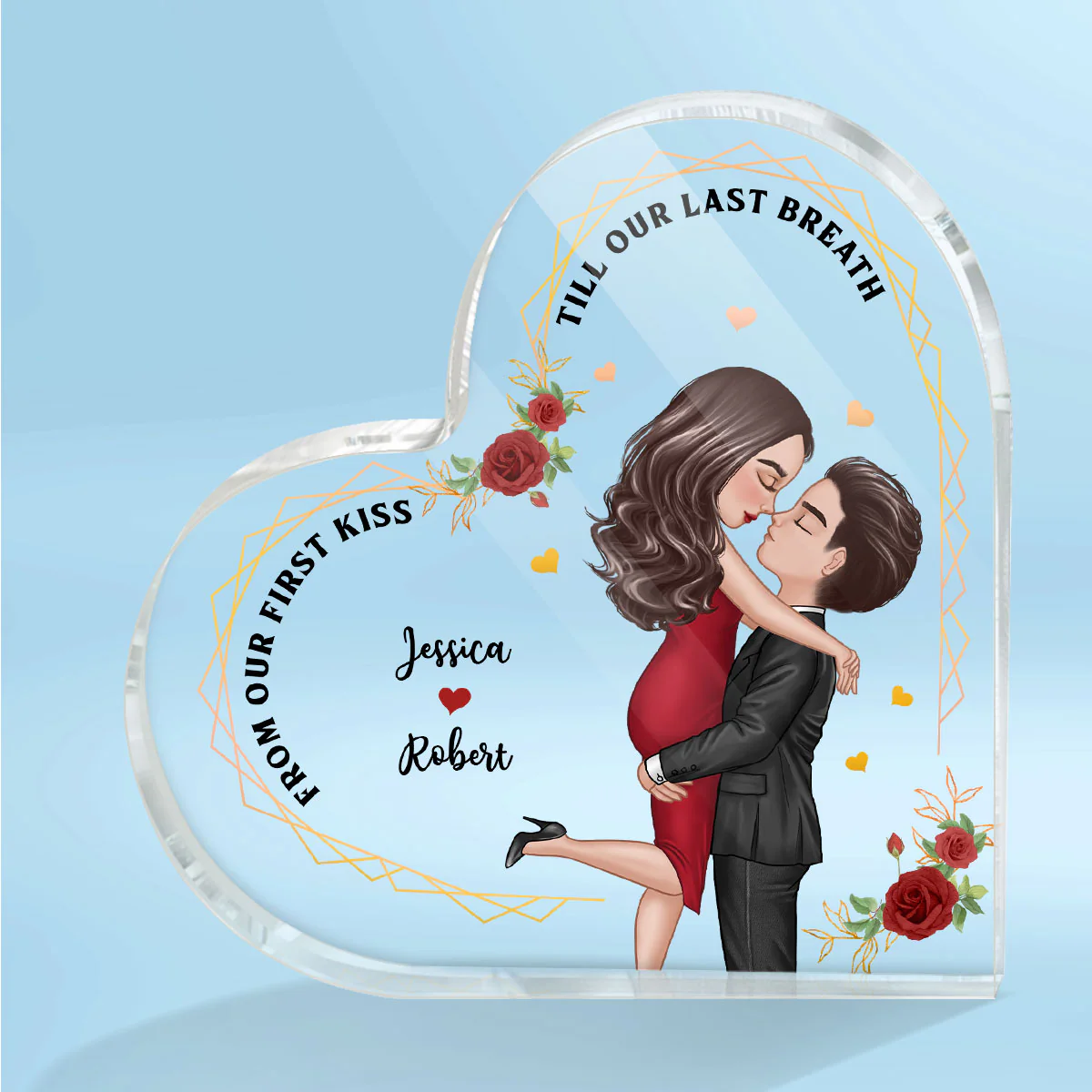 Hugging Couple From Our First Kiss Couple Personalized Acrylic Heart Plaque - Image 2