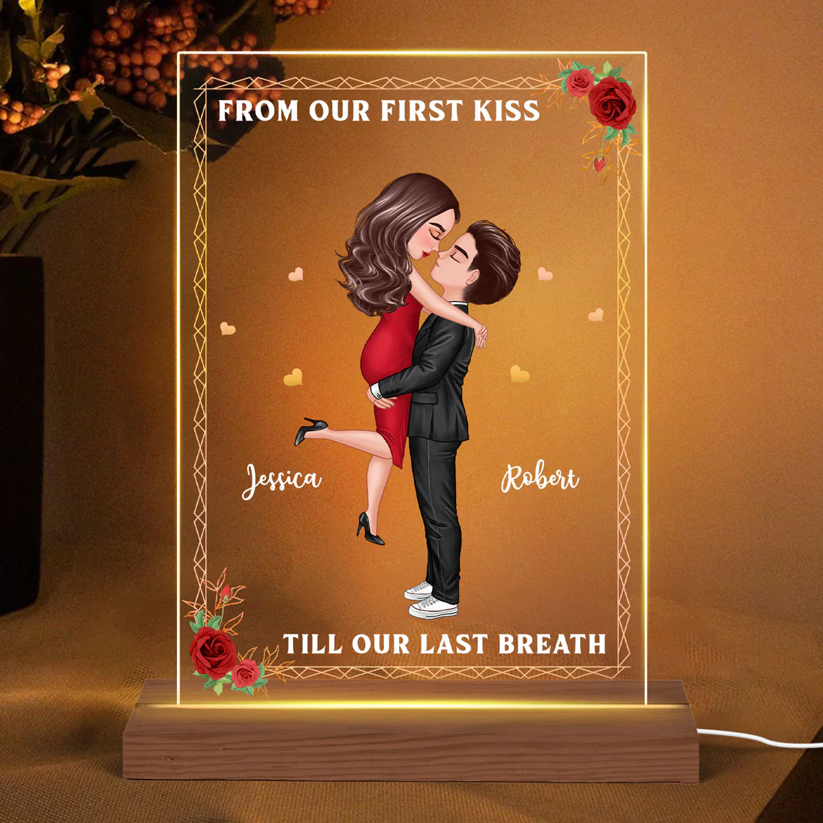 Hugging Couple From Our First Kiss Couple Personalized Rectangle Acrylic LED Night Light LED Lamp