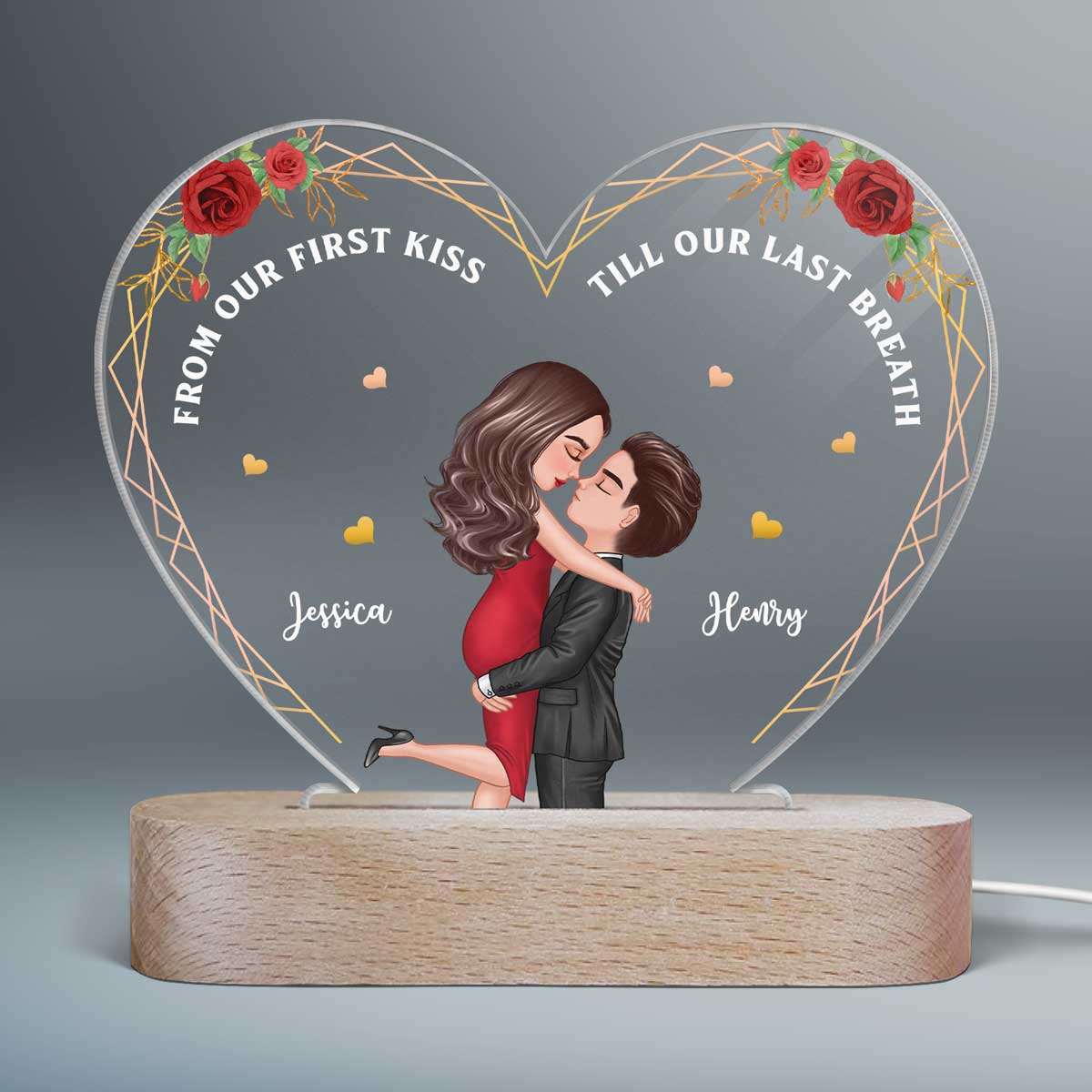 Hugging Couple From Our First Kiss Personalized Heart Plaque LED Night Light - Acrylic LED Lamp - Image 2