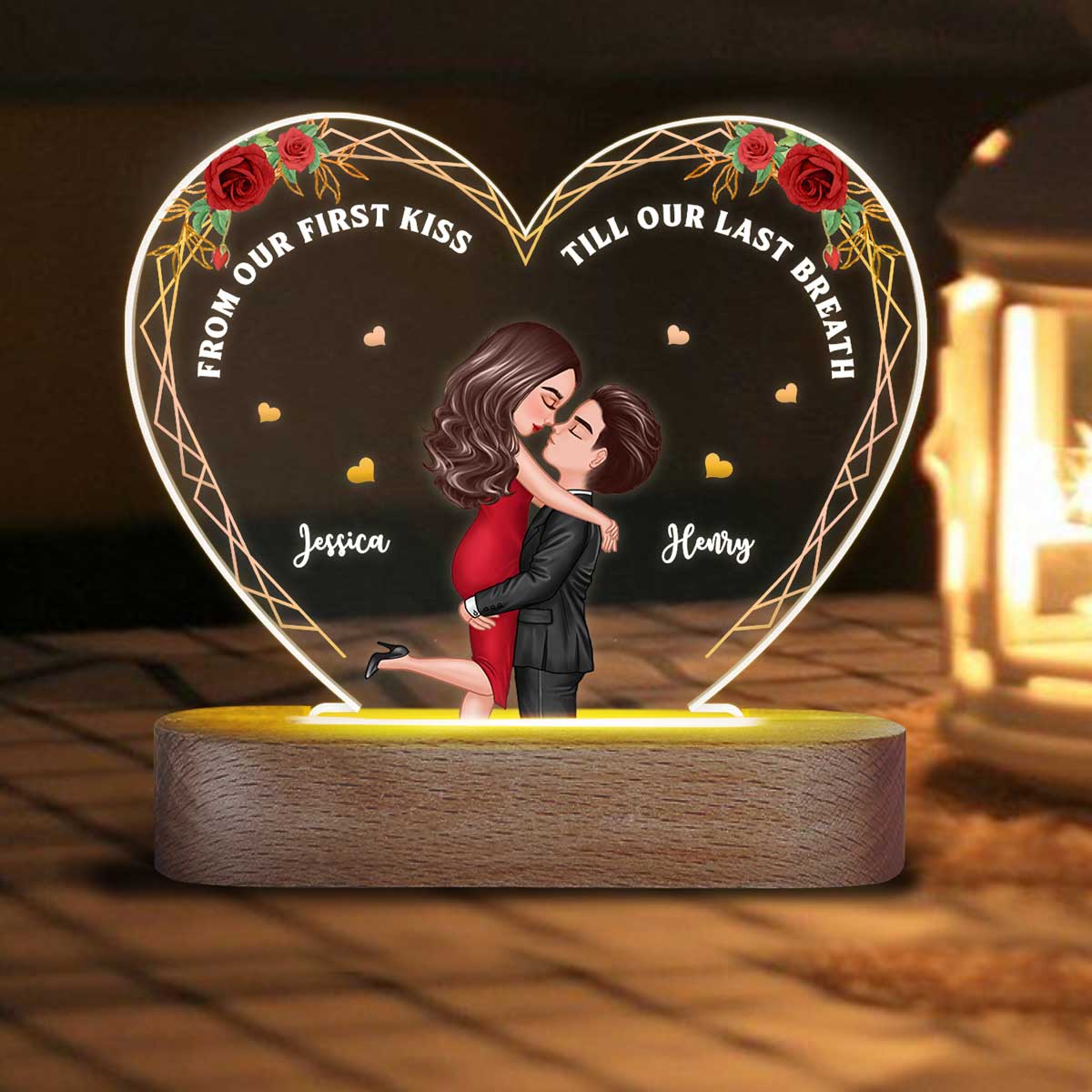 Hugging Couple From Our First Kiss Personalized Heart Plaque LED Night Light - Acrylic LED Lamp - Image 3