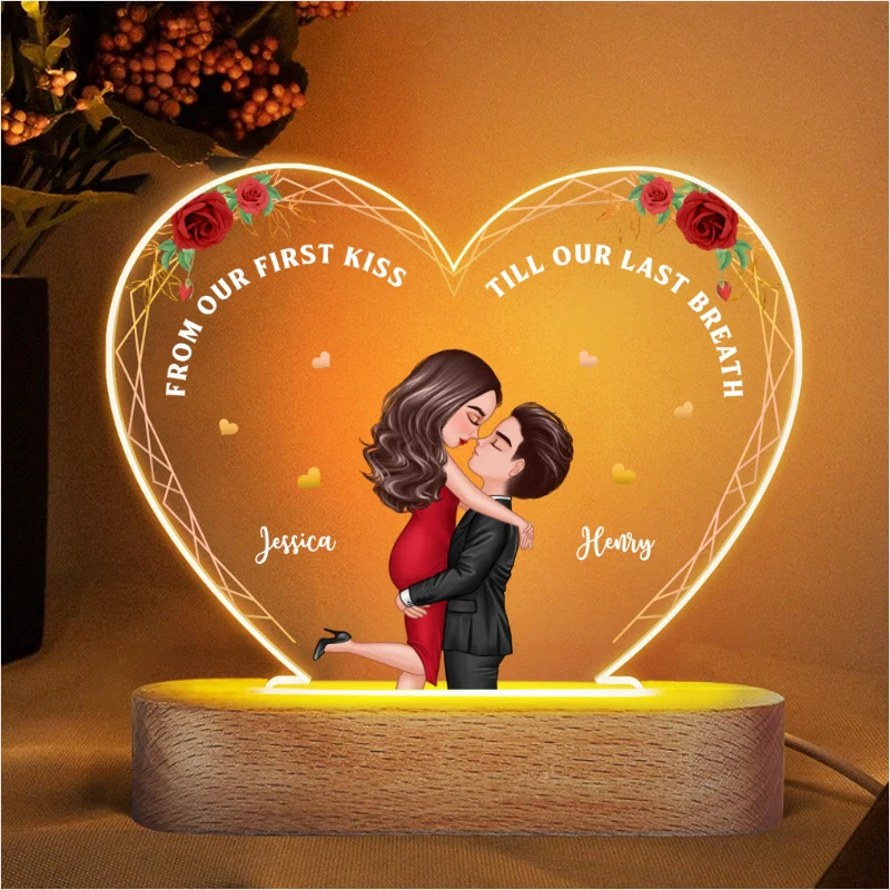 Hugging Couple From Our First Kiss Personalized Heart Plaque LED Night Light - Acrylic LED Lamp - Image 4