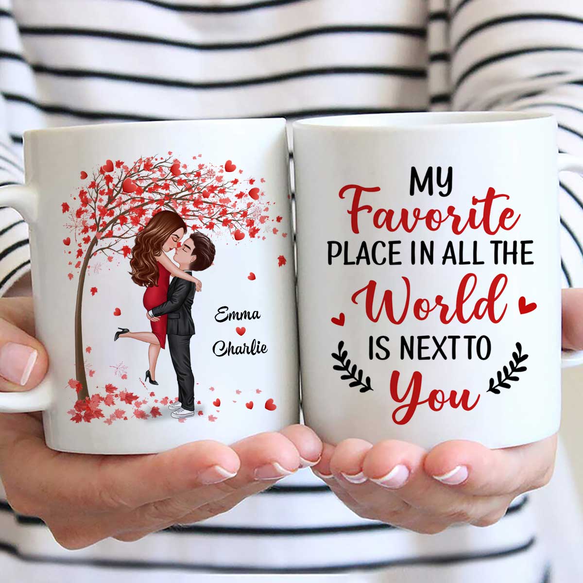 Hugging Doll Couple Under Red Tree Anniversary Gift For Him For Her Personalized Mug