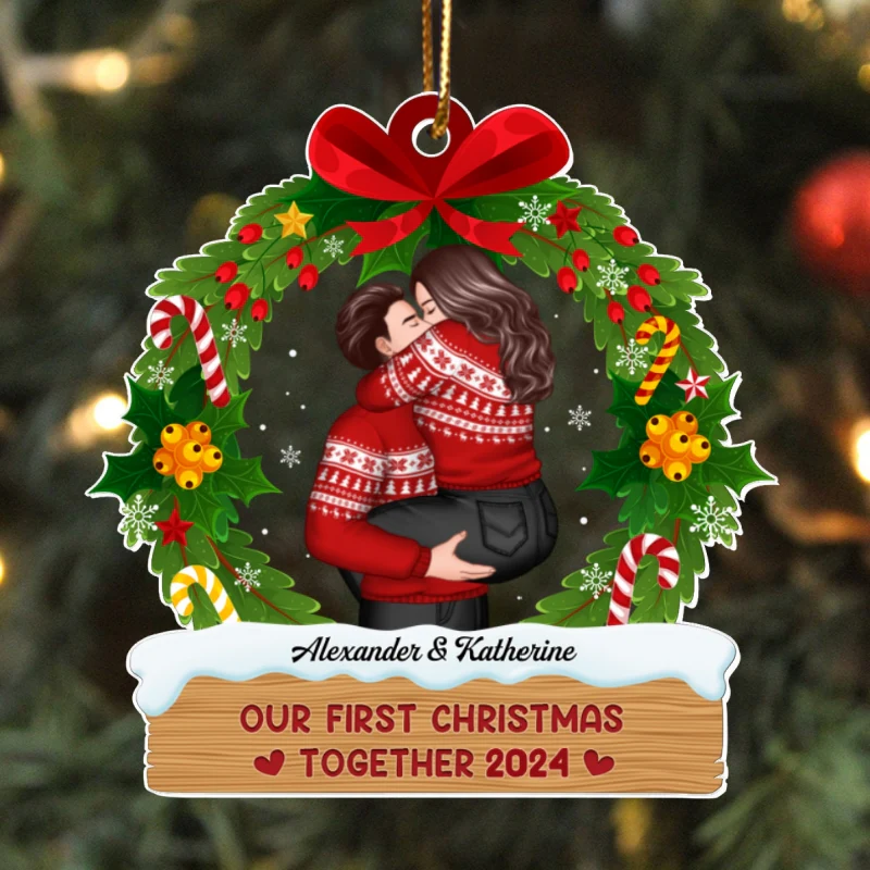 Hugging Kissing Couple Christmas Wreath Personalized Acrylic Ornament, Christmas Gift For Him For Her - Image 11