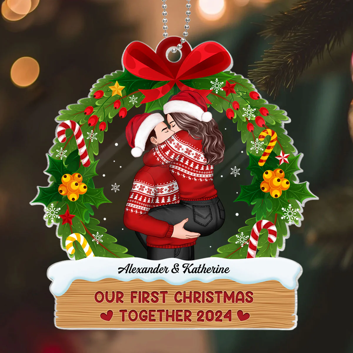 Hugging Kissing Couple Christmas Wreath Personalized Acrylic Ornament, Christmas Gift For Him For Her - Image 2