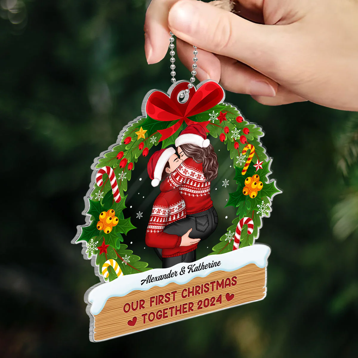 Hugging Kissing Couple Christmas Wreath Personalized Acrylic Ornament, Christmas Gift For Him For Her - Image 3