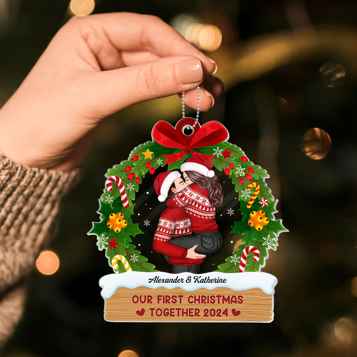 Hugging Kissing Couple Christmas Wreath Personalized Acrylic Ornament, Christmas Gift For Him For Her - Image 4