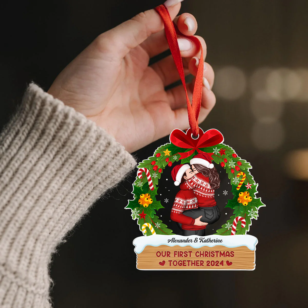Hugging Kissing Couple Christmas Wreath Personalized Acrylic Ornament, Christmas Gift For Him For Her - Image 5