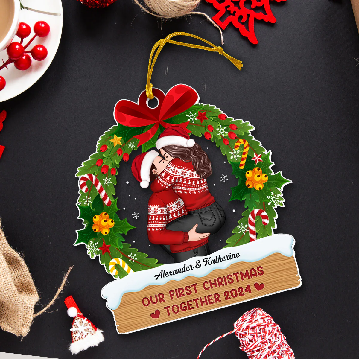Hugging Kissing Couple Christmas Wreath Personalized Acrylic Ornament, Christmas Gift For Him For Her - Image 6
