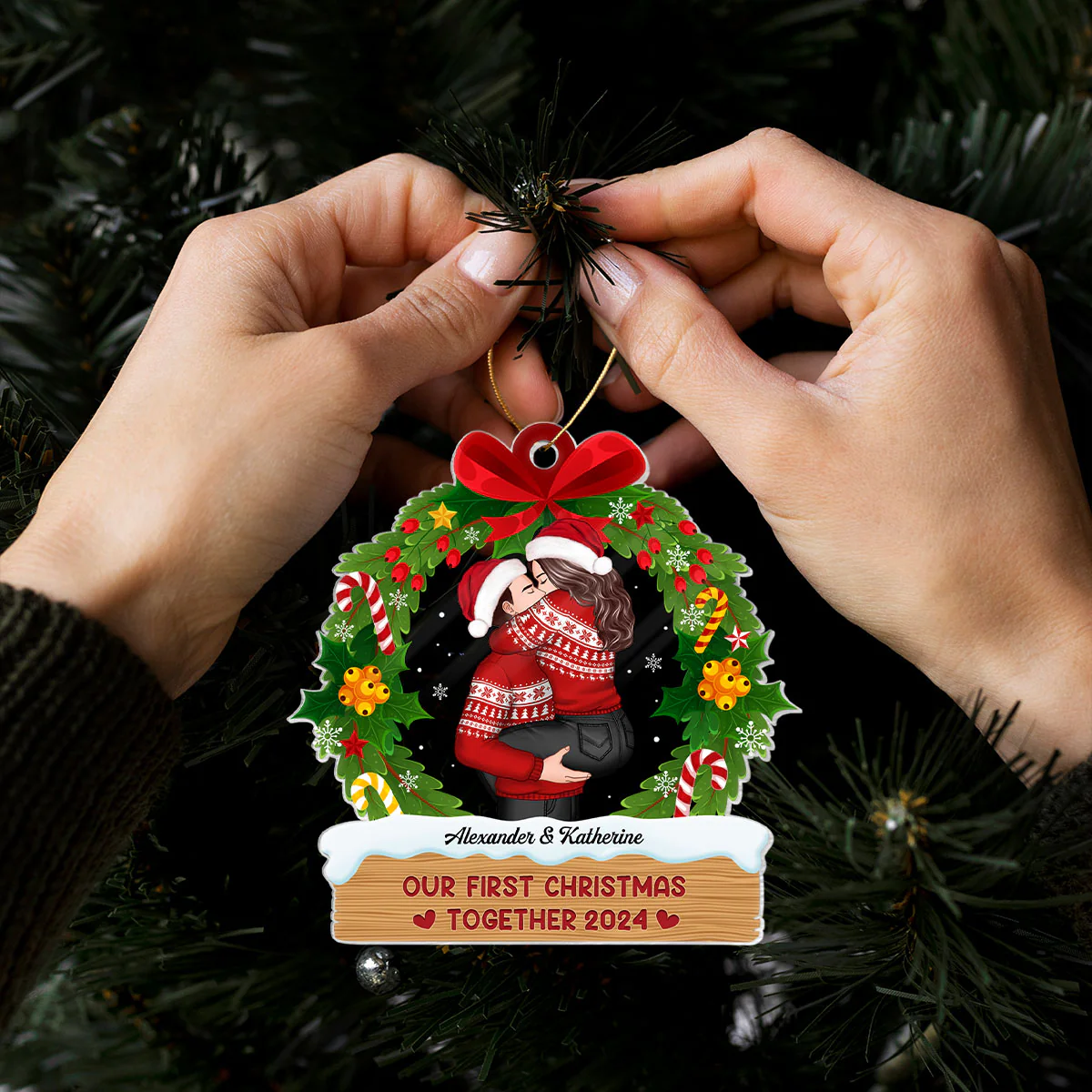 Hugging Kissing Couple Christmas Wreath Personalized Acrylic Ornament, Christmas Gift For Him For Her - Image 7