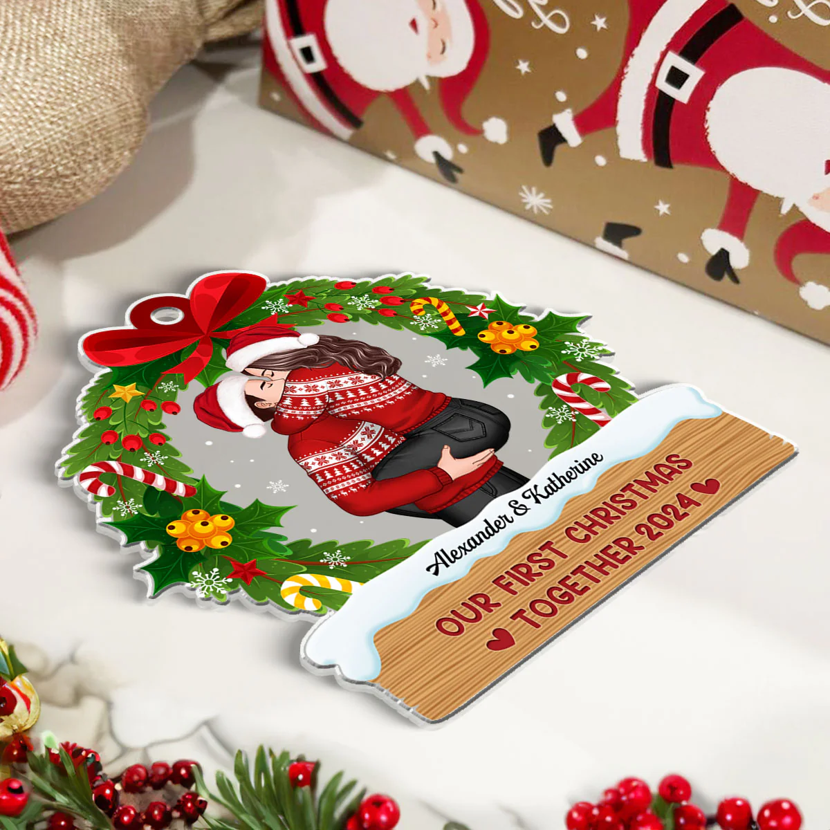 Hugging Kissing Couple Christmas Wreath Personalized Acrylic Ornament, Christmas Gift For Him For Her - Image 8