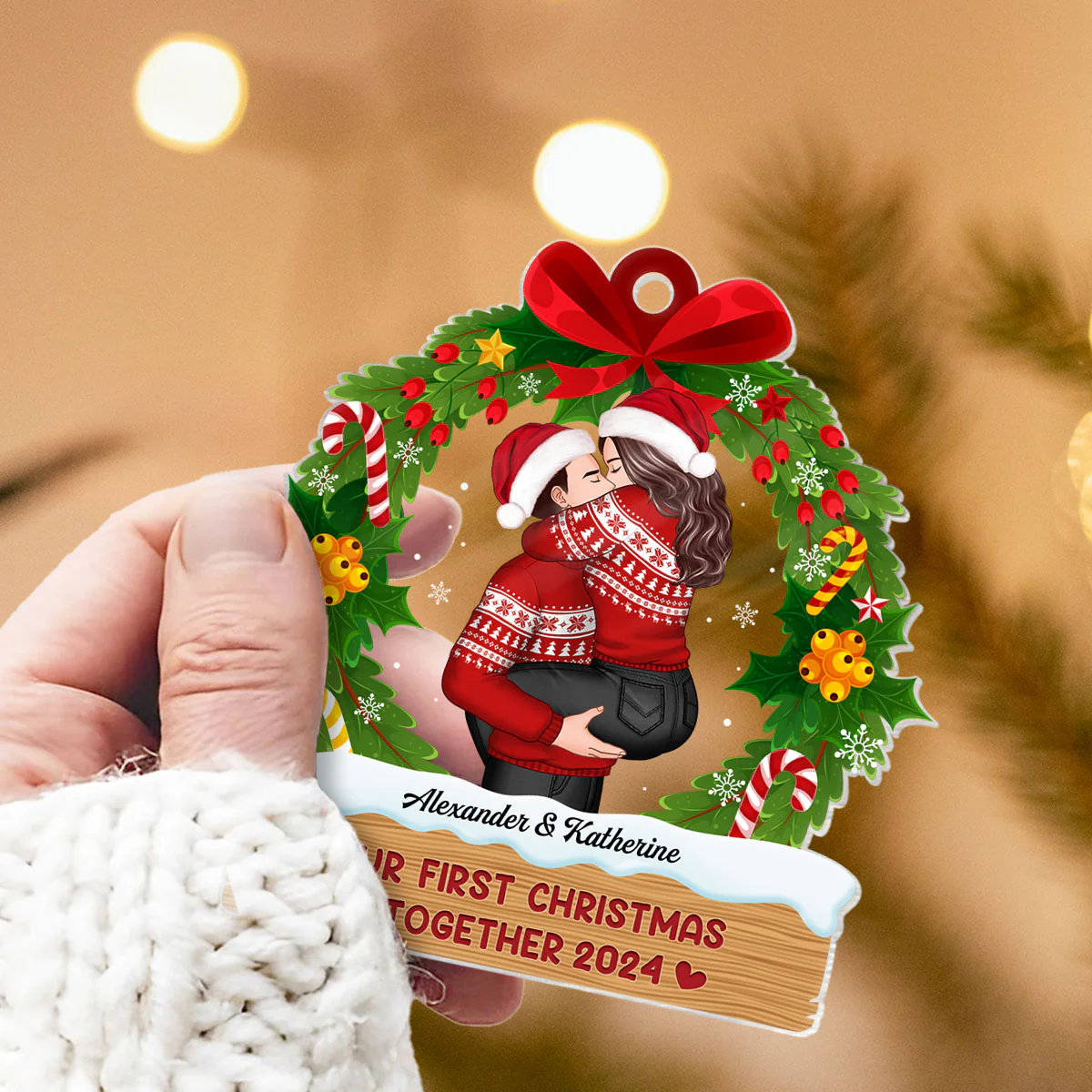 Hugging Kissing Couple Christmas Wreath Personalized Acrylic Ornament, Christmas Gift For Him For Her - Image 9