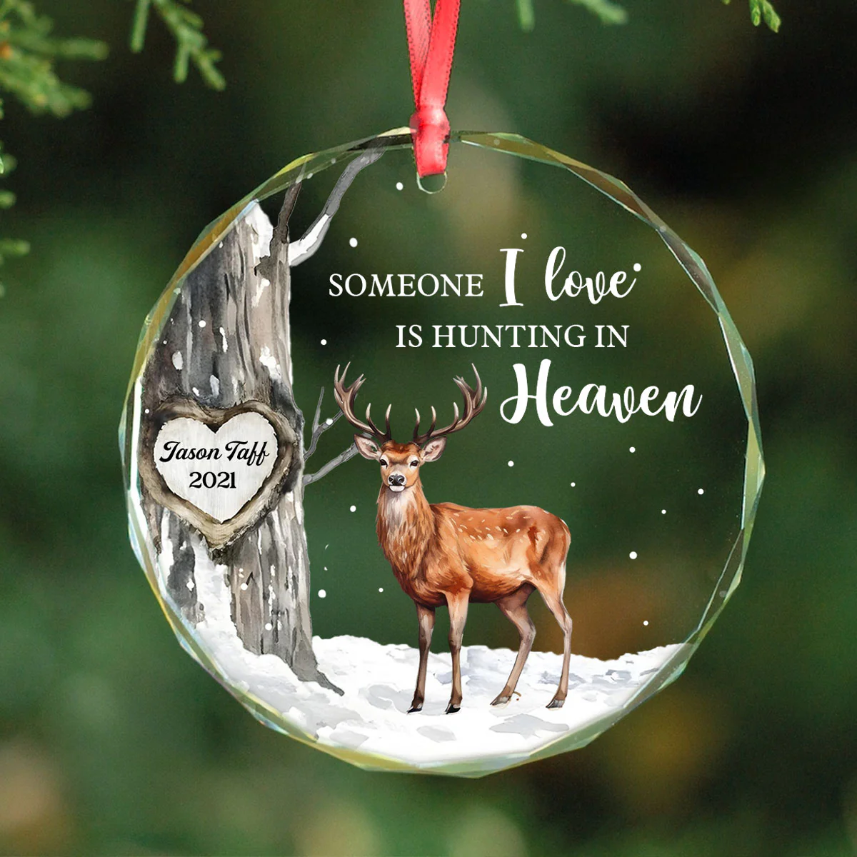 Hunting In Heaven Memorial Winter Personalized Glass Ornament - Image 2