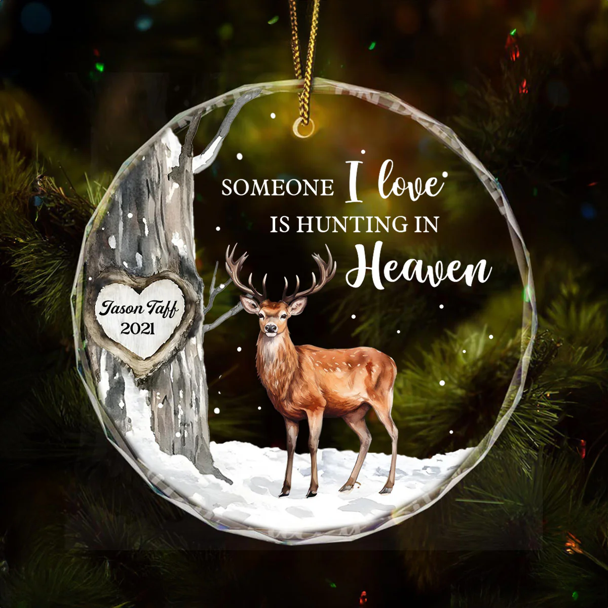 Hunting In Heaven Memorial Winter Personalized Glass Ornament - Image 3