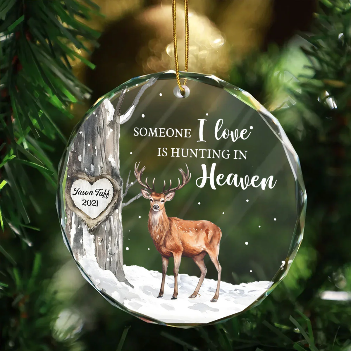 Hunting In Heaven Memorial Winter Personalized Glass Ornament - Image 6