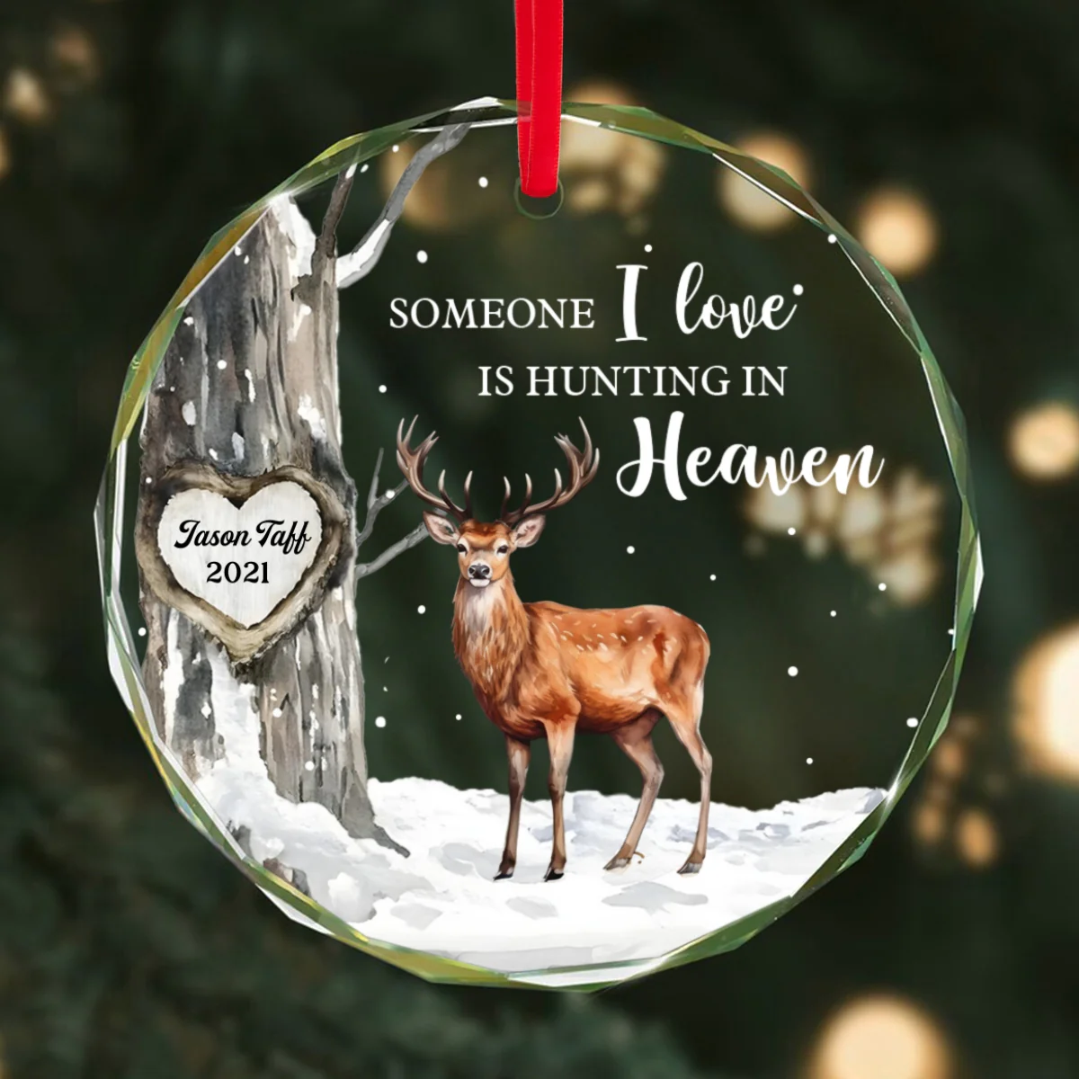 Hunting In Heaven Memorial Winter Personalized Glass Ornament - Image 8