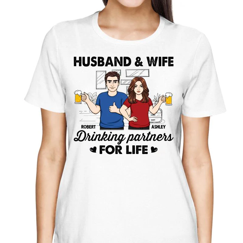 Husband & Wife Drinking Partners For Life Sketch Personalized Shirt - Image 2