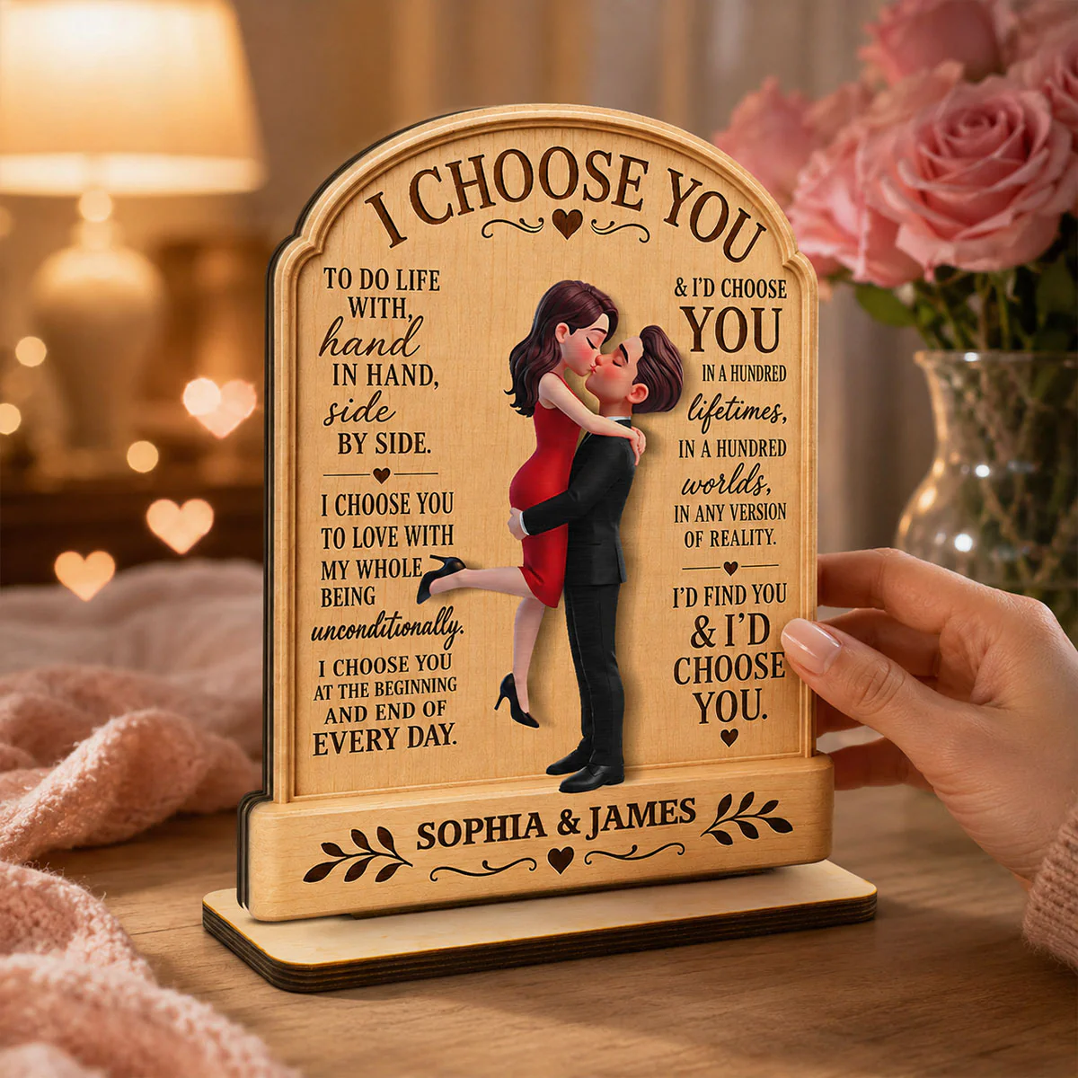 I Choose You Couple Couple Hugging Kissing 2D Flat - Personalized 2-Layered Wooden Plaque - Anniversary Gift Keepsake For Couples - Image 3