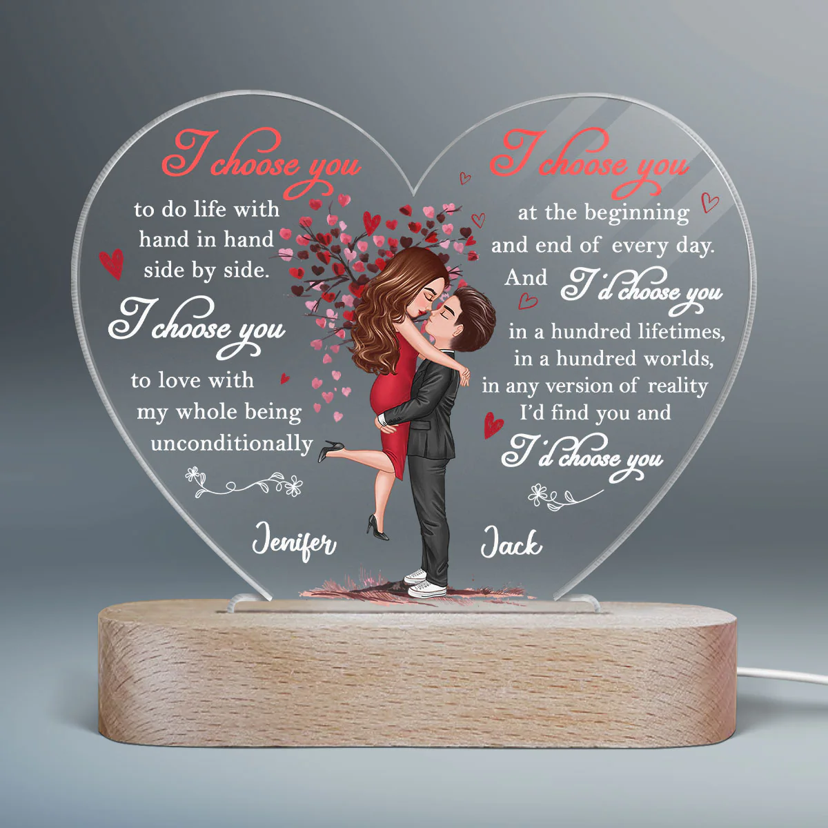 I Choose You Doll Couple Fingerprint Personalized Heart Plaque LED Night Light - Image 2