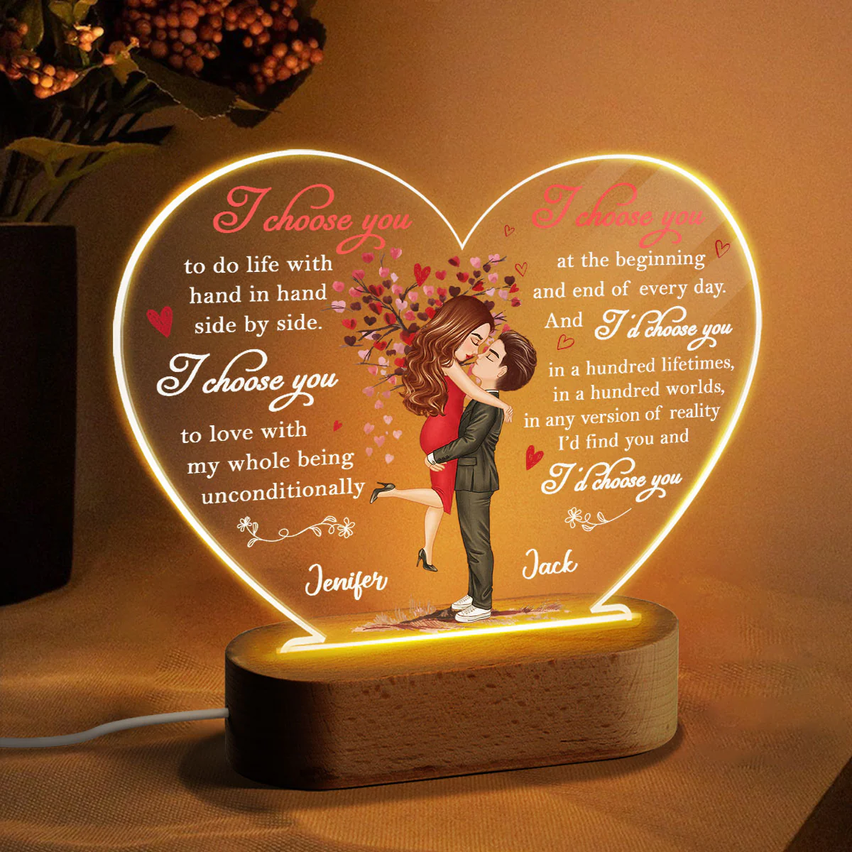 I Choose You Doll Couple Fingerprint Personalized Heart Plaque LED Night Light - Image 3