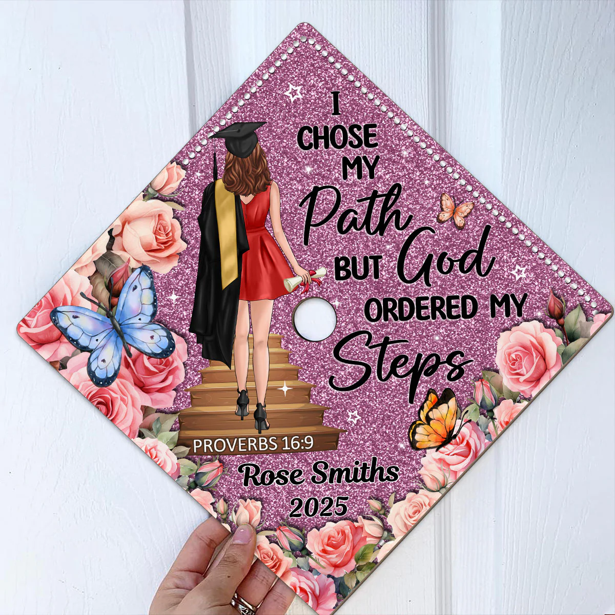 I Chose My Path God Ordered My Steps Personalized Graduation Cap Topper (Not Real Glitter) - Image 3