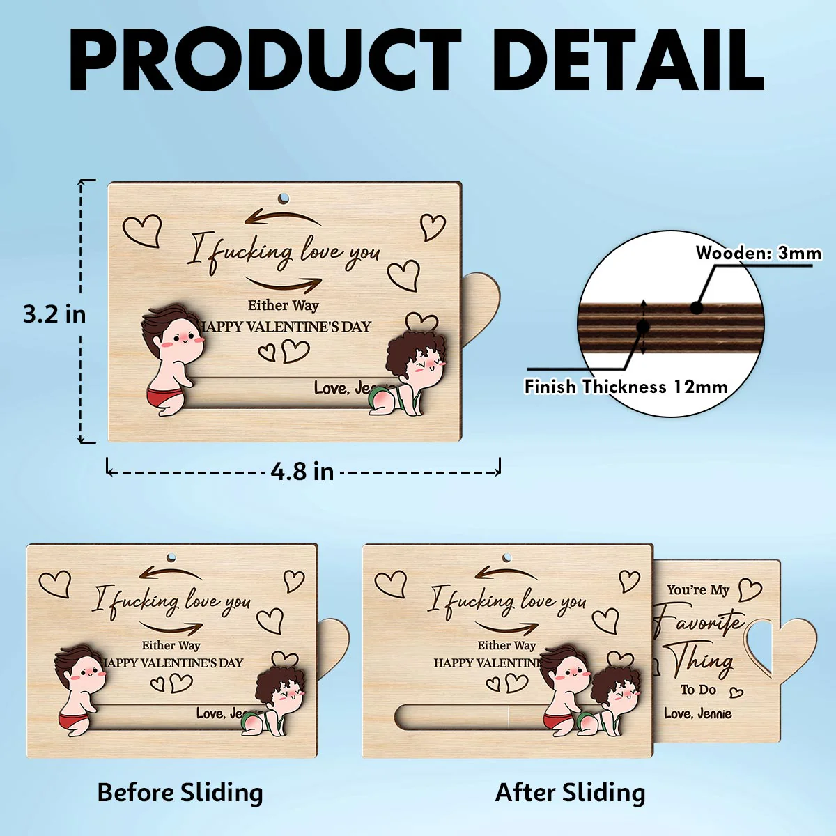I Fcking Love You Funny Inappropriate Couple Cartoon Style - Personalized Wooden Slider Ornament - Valentine's Day Gift For Him, For Her - Image 5