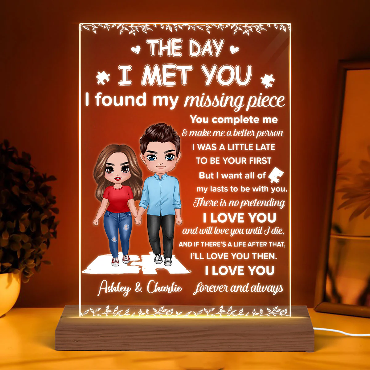 I Found My Missing Piece Doll Couple Gift For Her Gift For Him Couple Personalized Acrylic Plaque With LED Night Light - Valentine‘s Day Gift - Anniversary Gift - Image 3