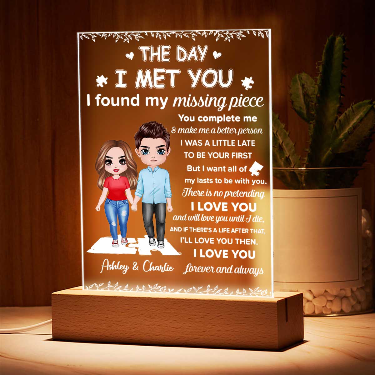 I Found My Missing Piece Doll Couple Gift For Her Gift For Him Couple Personalized Acrylic Plaque With LED Night Light - Valentine‘s Day Gift - Anniversary Gift - Image 4