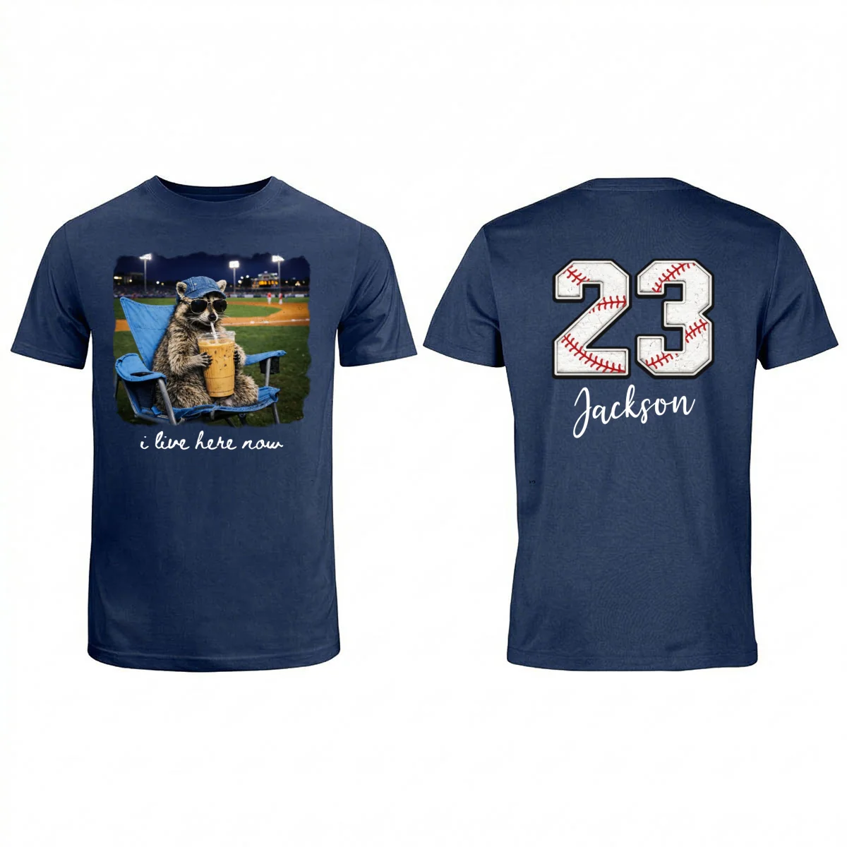 I Live Here Now Raccoon Goose On Ballfield - Personalized Double Sided Shirt - Baseball Softball Grandma Mom - Image 10