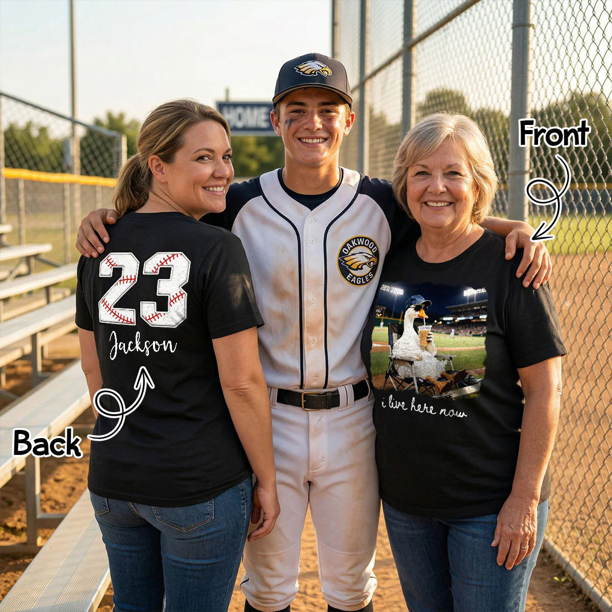 I Live Here Now Raccoon Goose On Ballfield - Personalized Double Sided Shirt - Baseball Softball Grandma Mom - Image 4