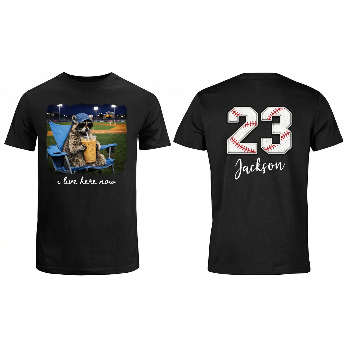 I Live Here Now Raccoon Goose On Ballfield - Personalized Double Sided Shirt - Baseball Softball Grandma Mom - Image 8