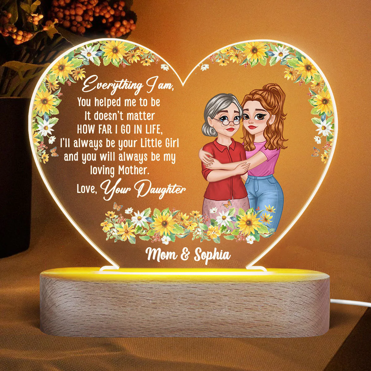 I‘ll Always Be Your Little Girl Mother Daughter Hugging Cartoon Personalized Acrylic Heart Plaque With LED Night Light