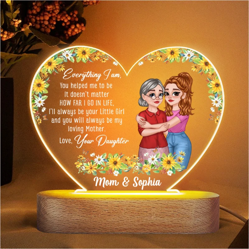 I‘ll Always Be Your Little Girl Mother Daughter Hugging Cartoon Personalized Acrylic Heart Plaque With LED Night Light - Image 4