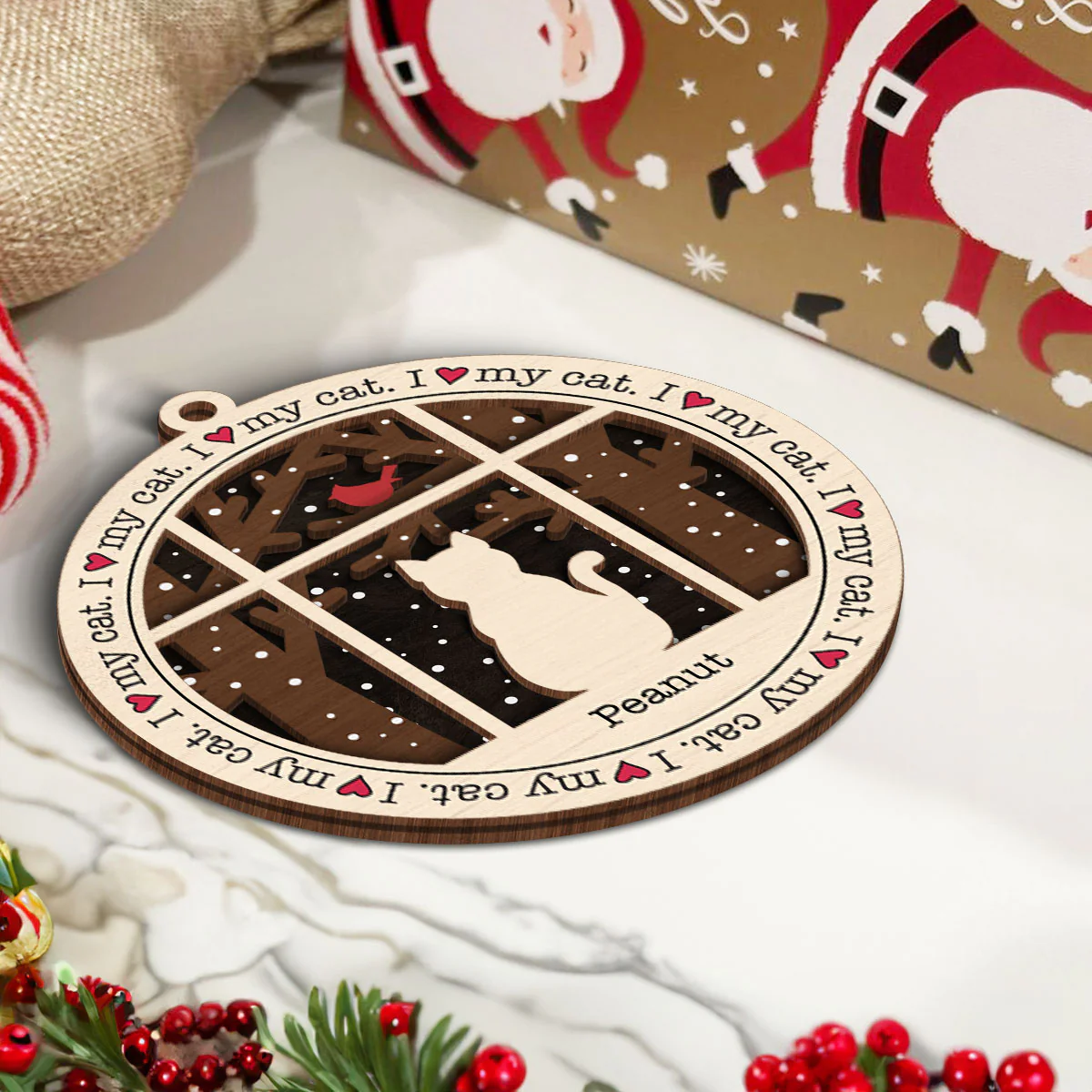 I Love My Cats Winter Windows Personalized 3-Layer Wooden Ornament, Christmas Gift for Cat Lovers - Image 3