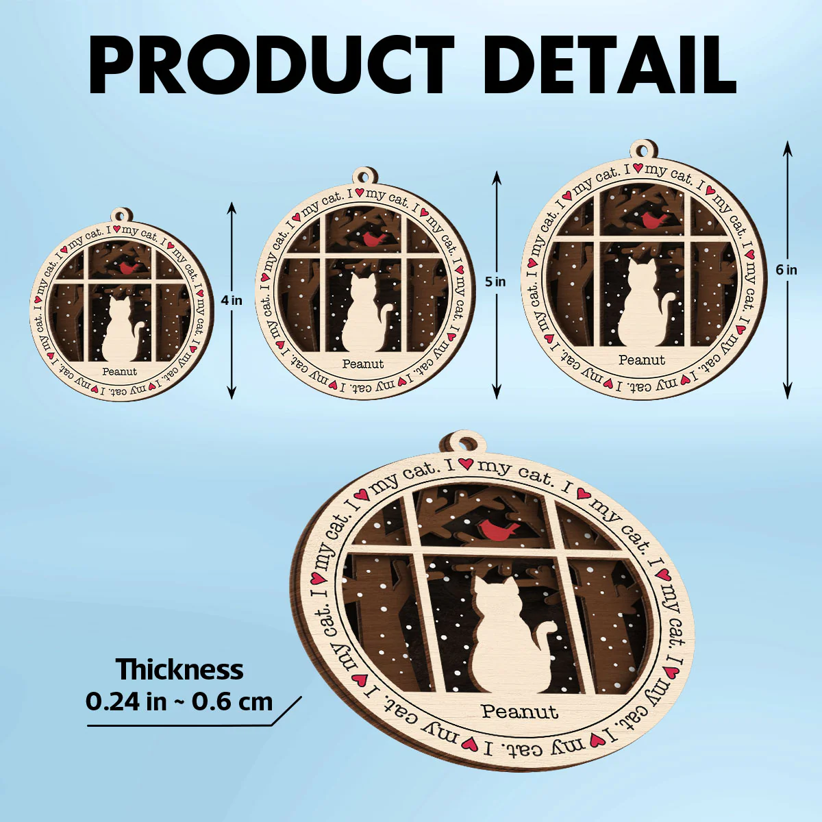 I Love My Cats Winter Windows Personalized 3-Layer Wooden Ornament, Christmas Gift for Cat Lovers - Image 4