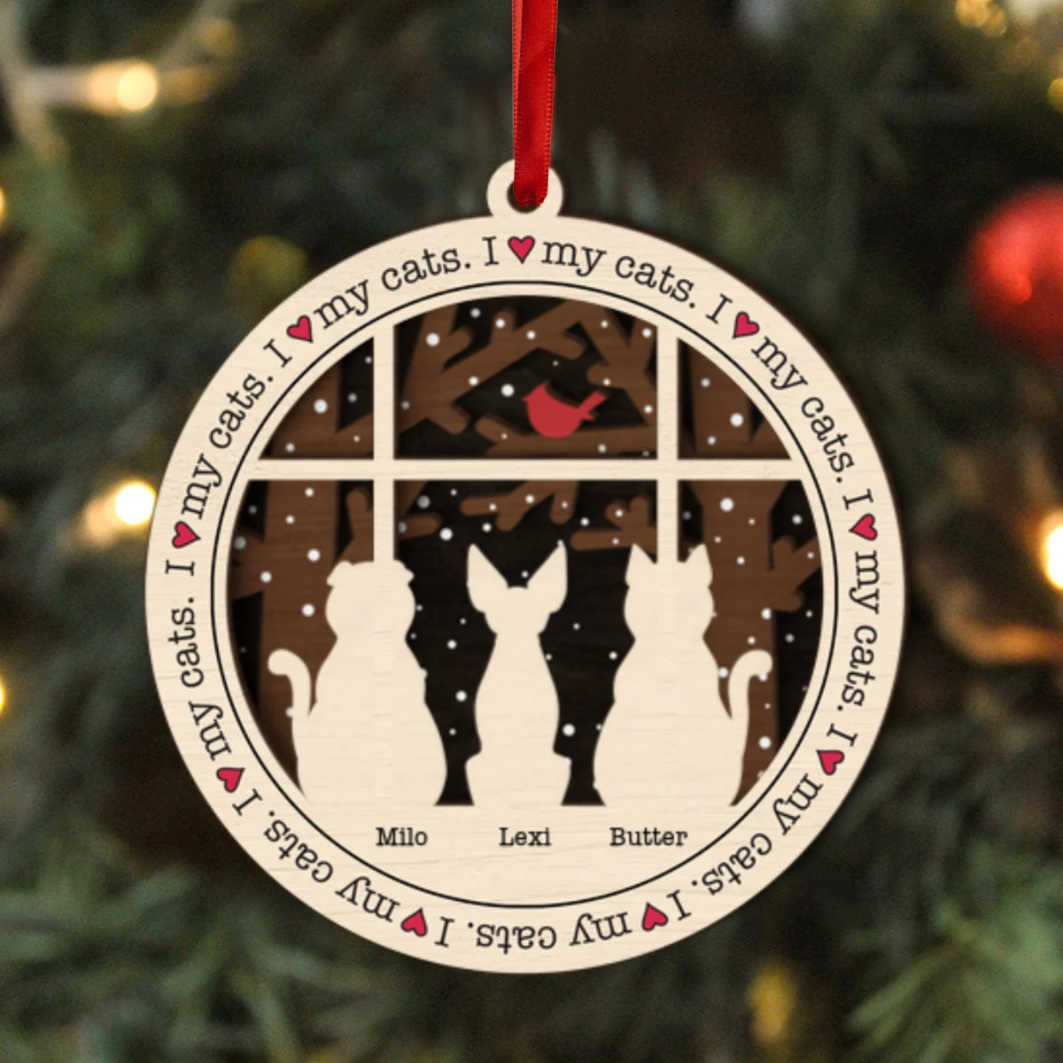 I Love My Cats Winter Windows Personalized 3-Layer Wooden Ornament, Christmas Gift for Cat Lovers - Image 6