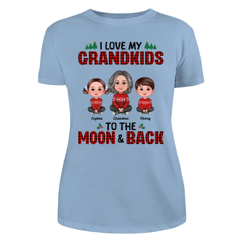 I Love My Grandkids To The Moon And Back Doll Grandma And Kids Sitting Crossed Legs Christmas Personalized Shirt - Image 12