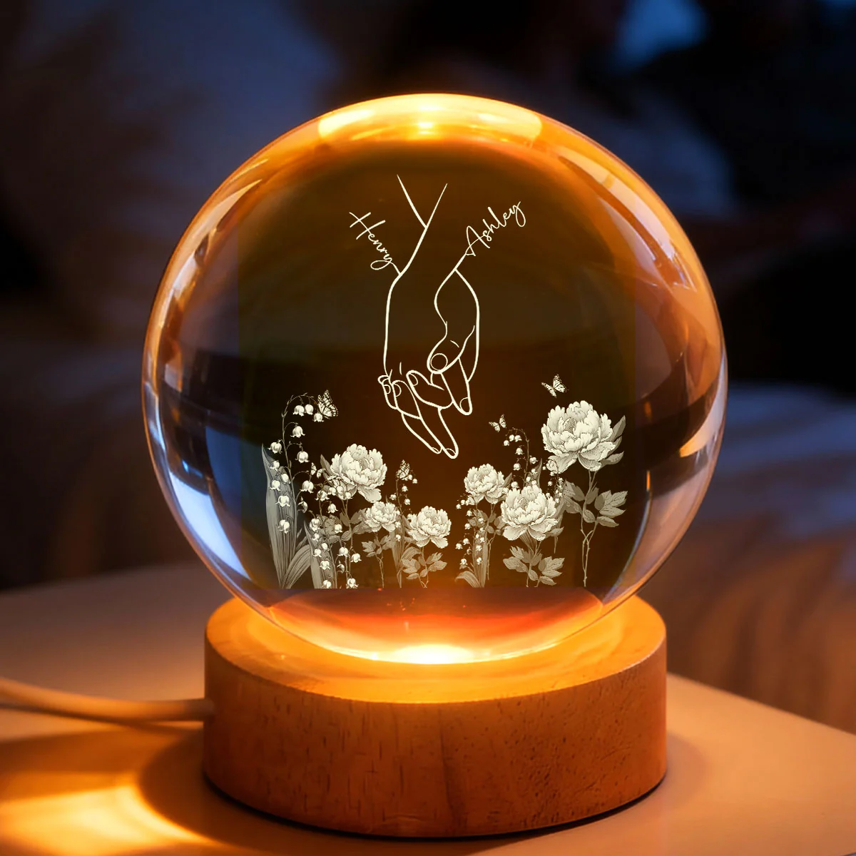 I Love You Couple Hand Print Birth Flower - Personalized Crystal Ball LED Night Light - Sentimental Gift for him, for her - Image 2