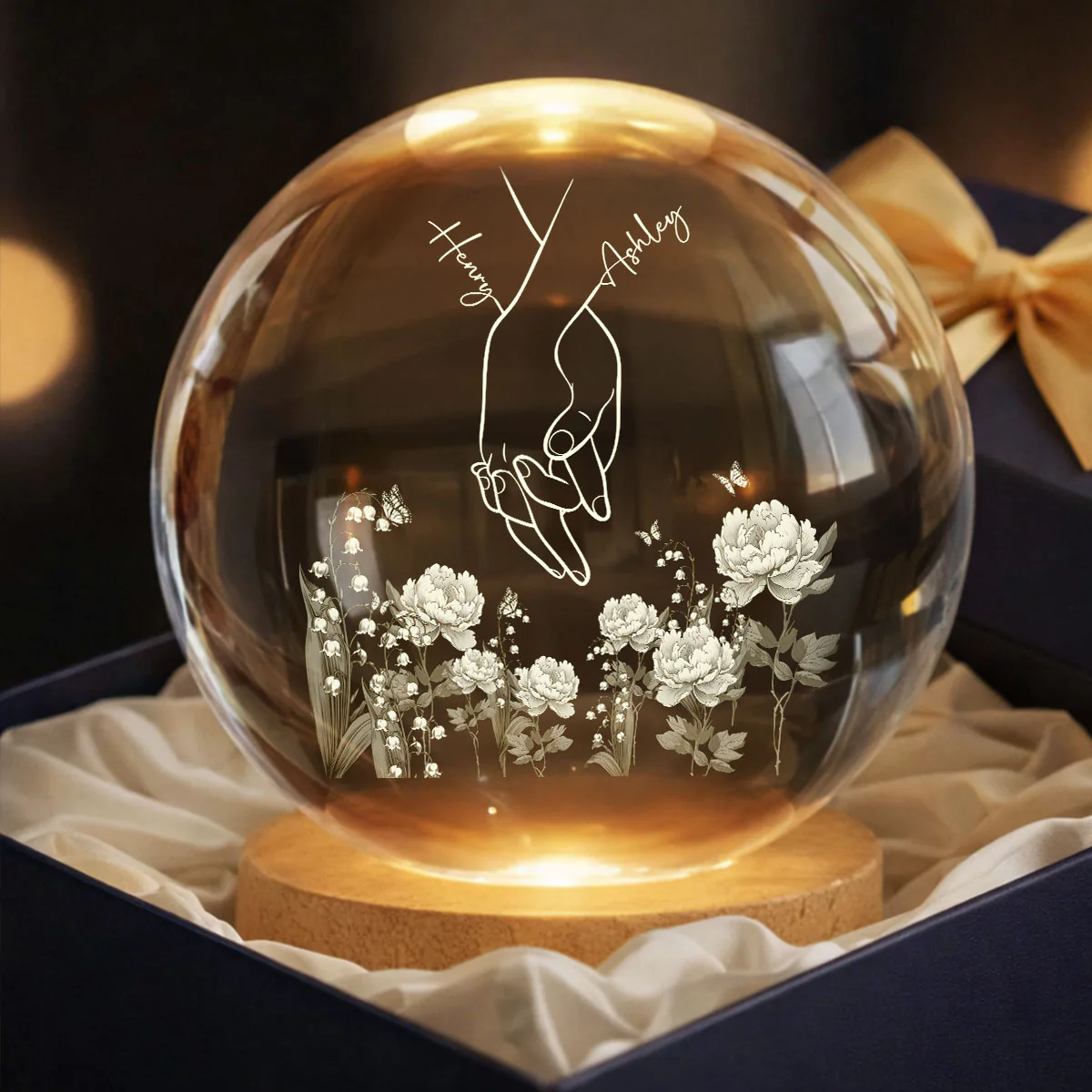 I Love You Couple Hand Print Birth Flower - Personalized Crystal Ball LED Night Light - Sentimental Gift for him, for her - Image 4