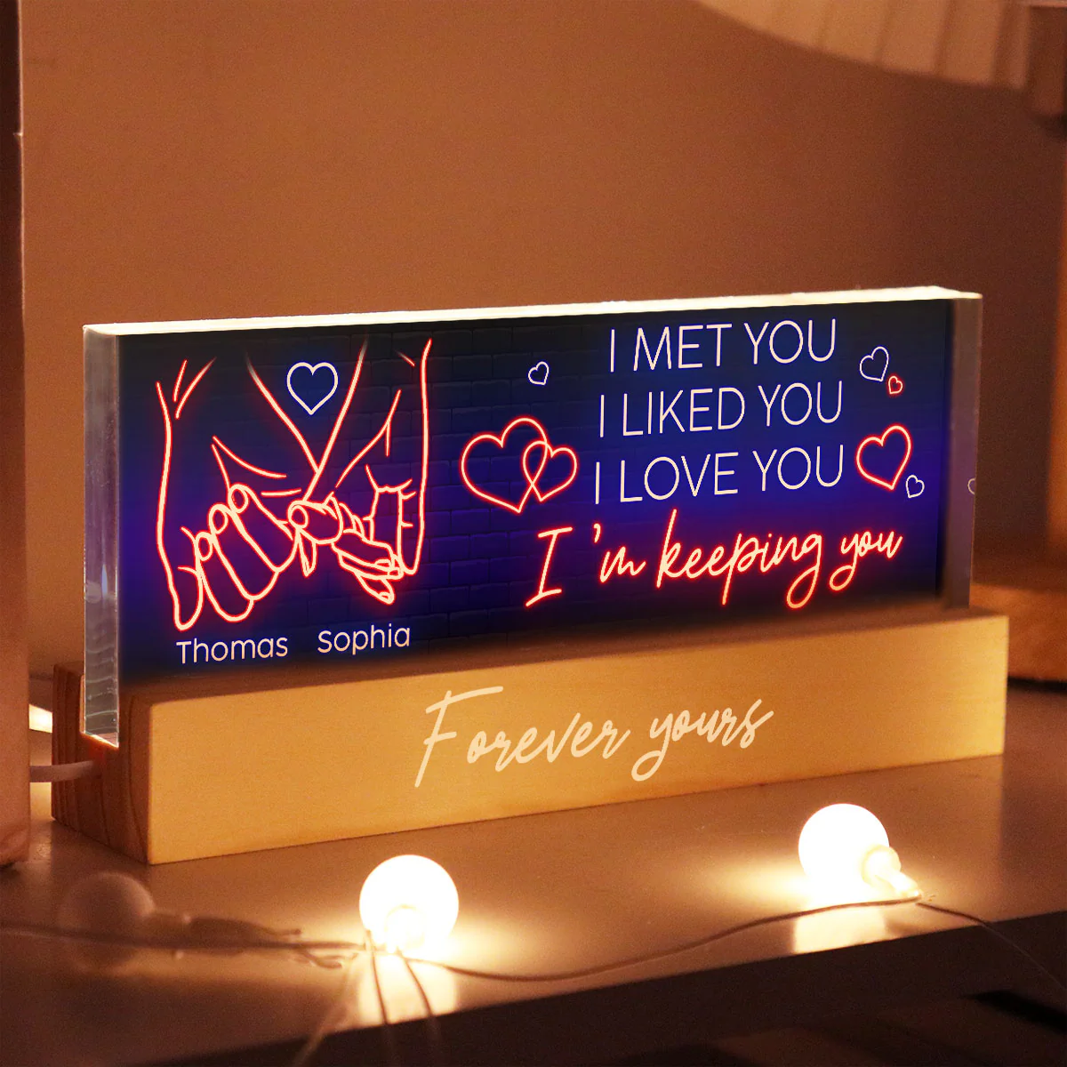 I Love You Forever Yours Couple Hand In Hand Outline Anniversary  Gift Personalized Acrylic Block LED Night Light
