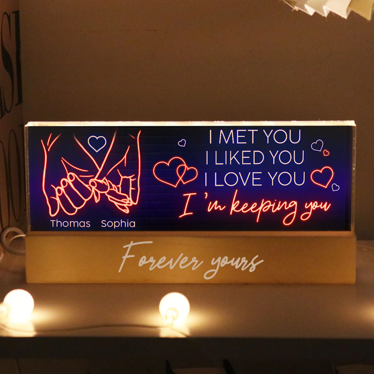 I Love You Forever Yours Couple Hand In Hand Outline Anniversary  Gift Personalized Acrylic Block LED Night Light - Image 2