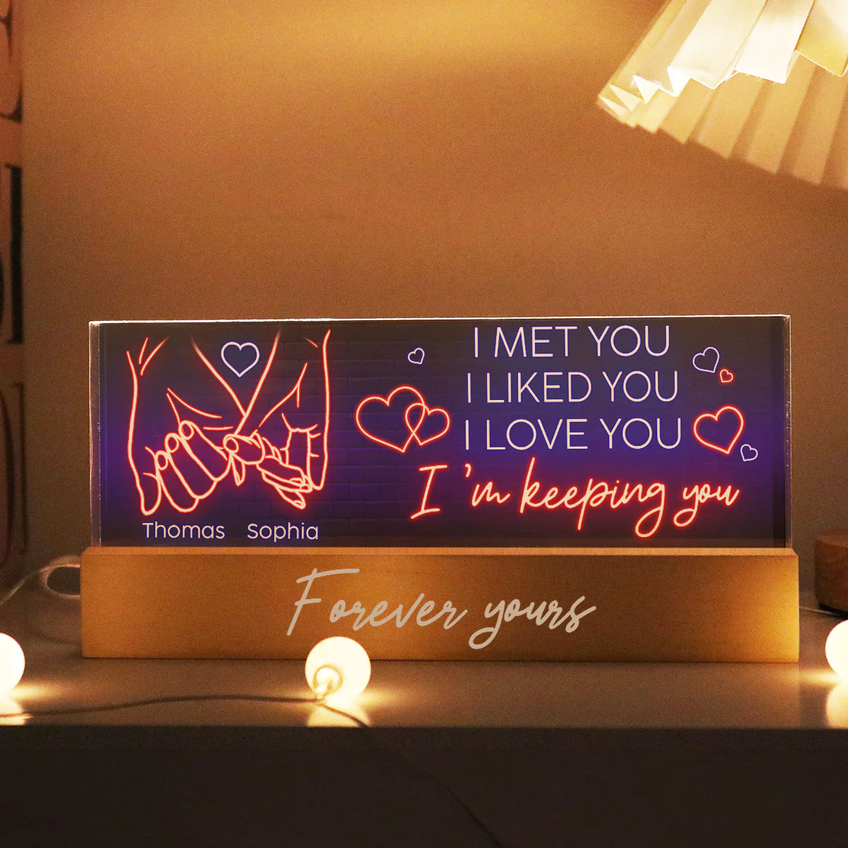 I Love You Forever Yours Couple Hand In Hand Outline Anniversary  Gift Personalized Acrylic Block LED Night Light - Image 3